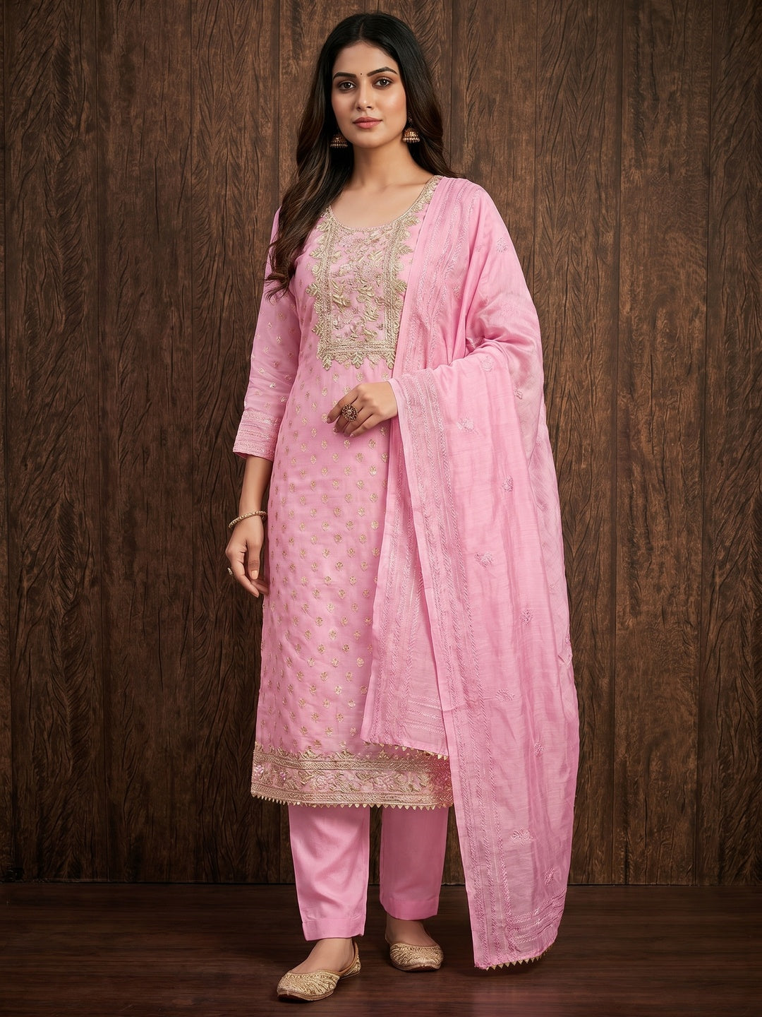 Pink Woven Jacquard Dress Material - Image 1