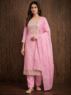 Pink Woven Jacquard Dress Material - Image 1