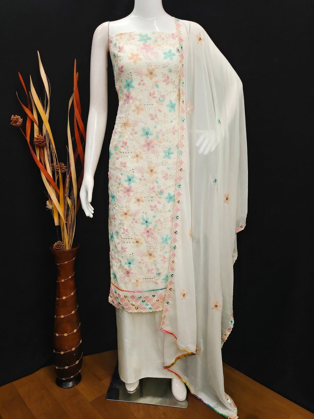 Cream Floral Sequins Embroidered Georgette Dress Material - Image 1