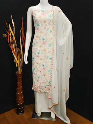 Cream Floral Sequins Embroidered Georgette Dress Material - Image 1
