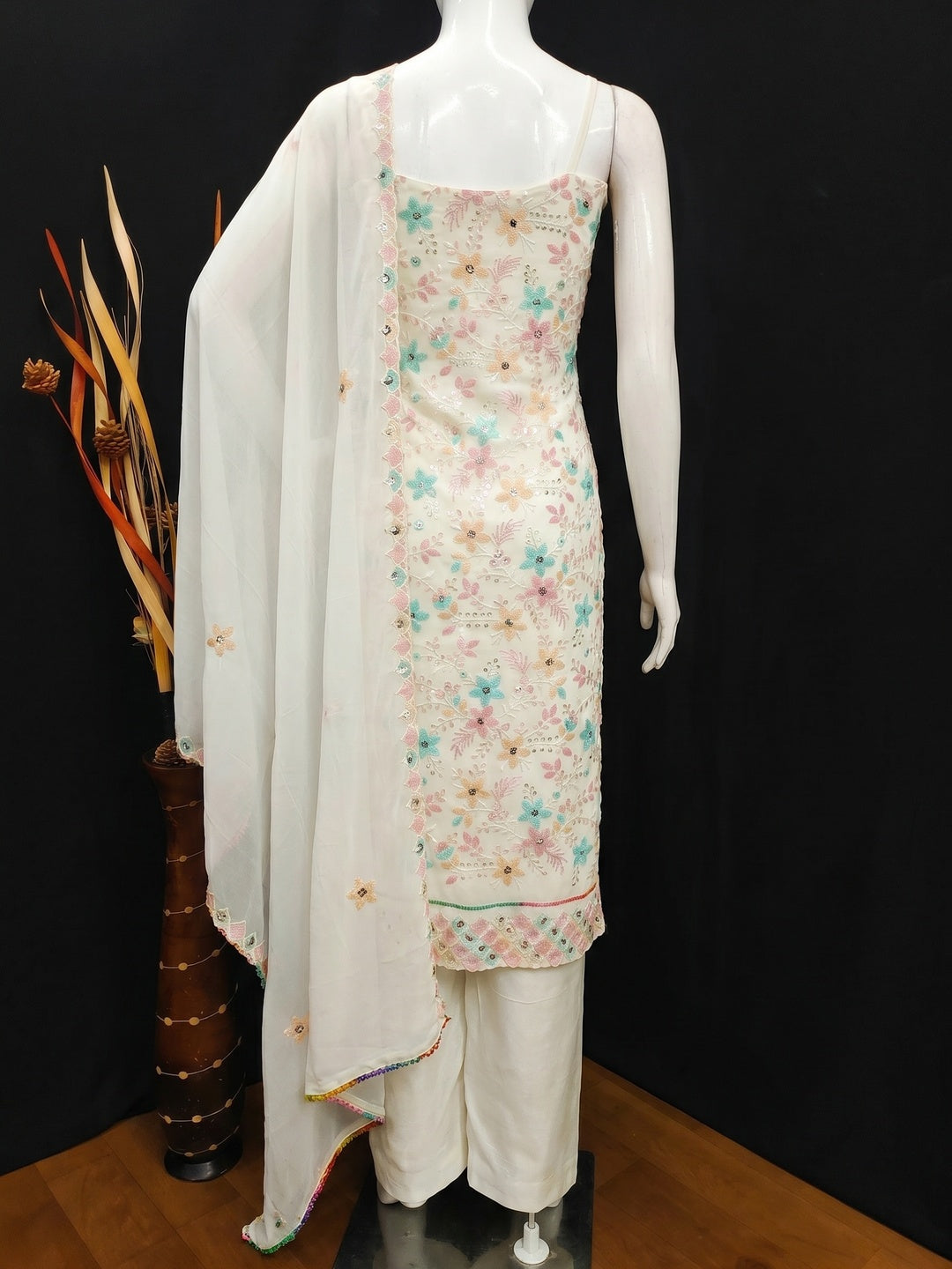 Cream Floral Sequins Embroidered Georgette Dress Material - Image 3