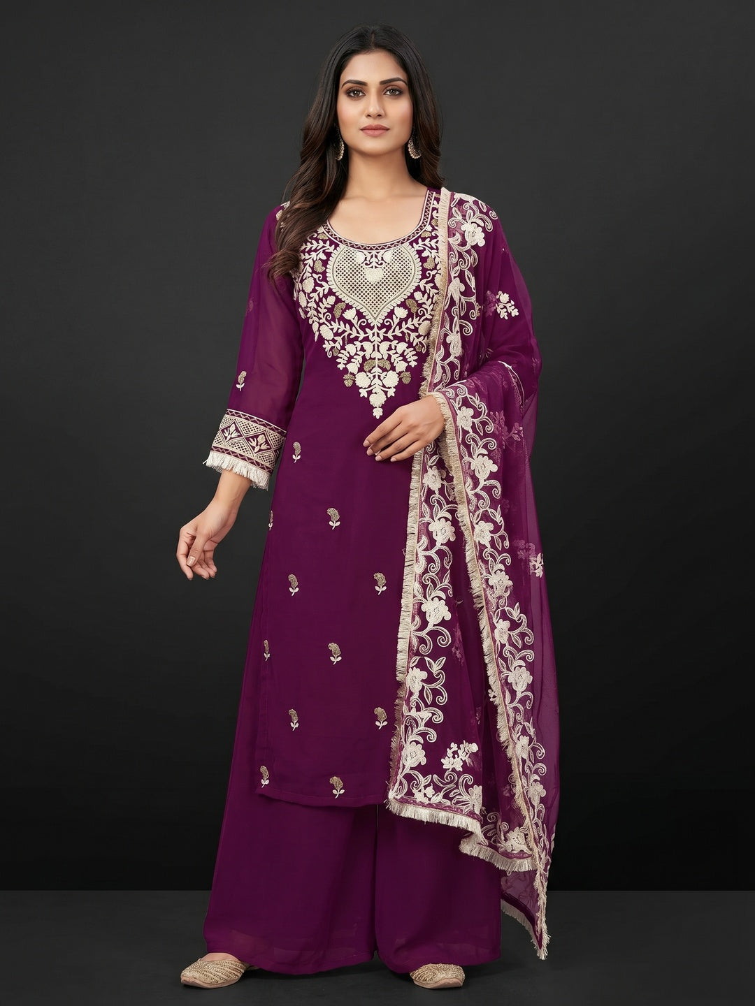 Purple Floral Embroidered Georgette Dress Material - Image 1