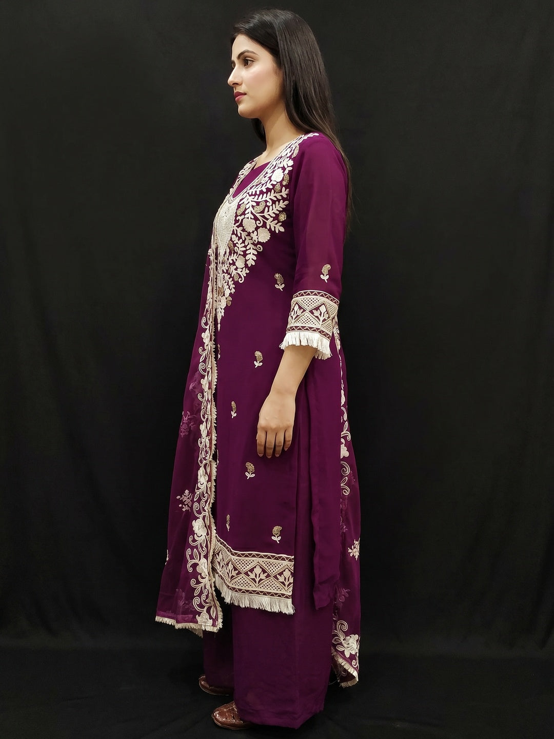 Purple Floral Embroidered Georgette Dress Material - Image 3