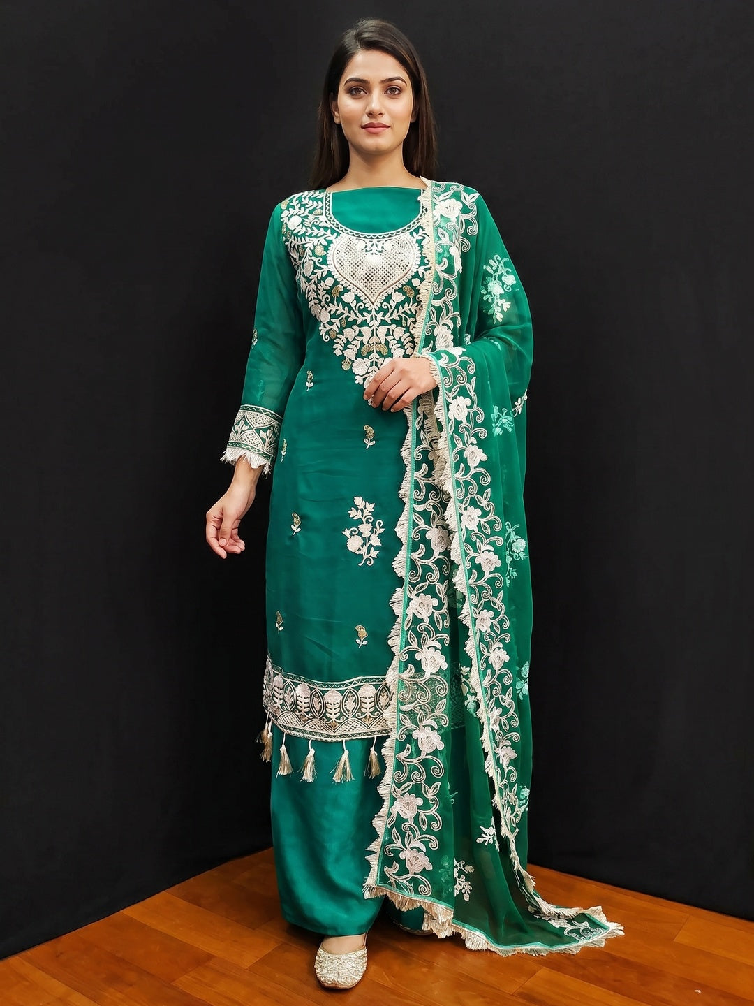 Teal Green Floral Embroidered Georgette Dress Material - Image 1