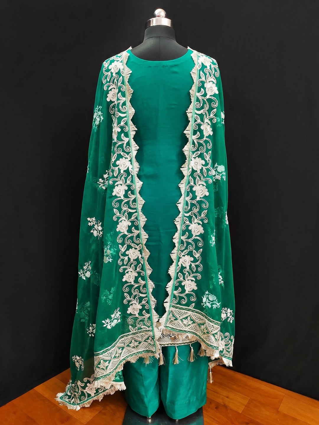 Teal Green Floral Embroidered Georgette Dress Material - Image 3