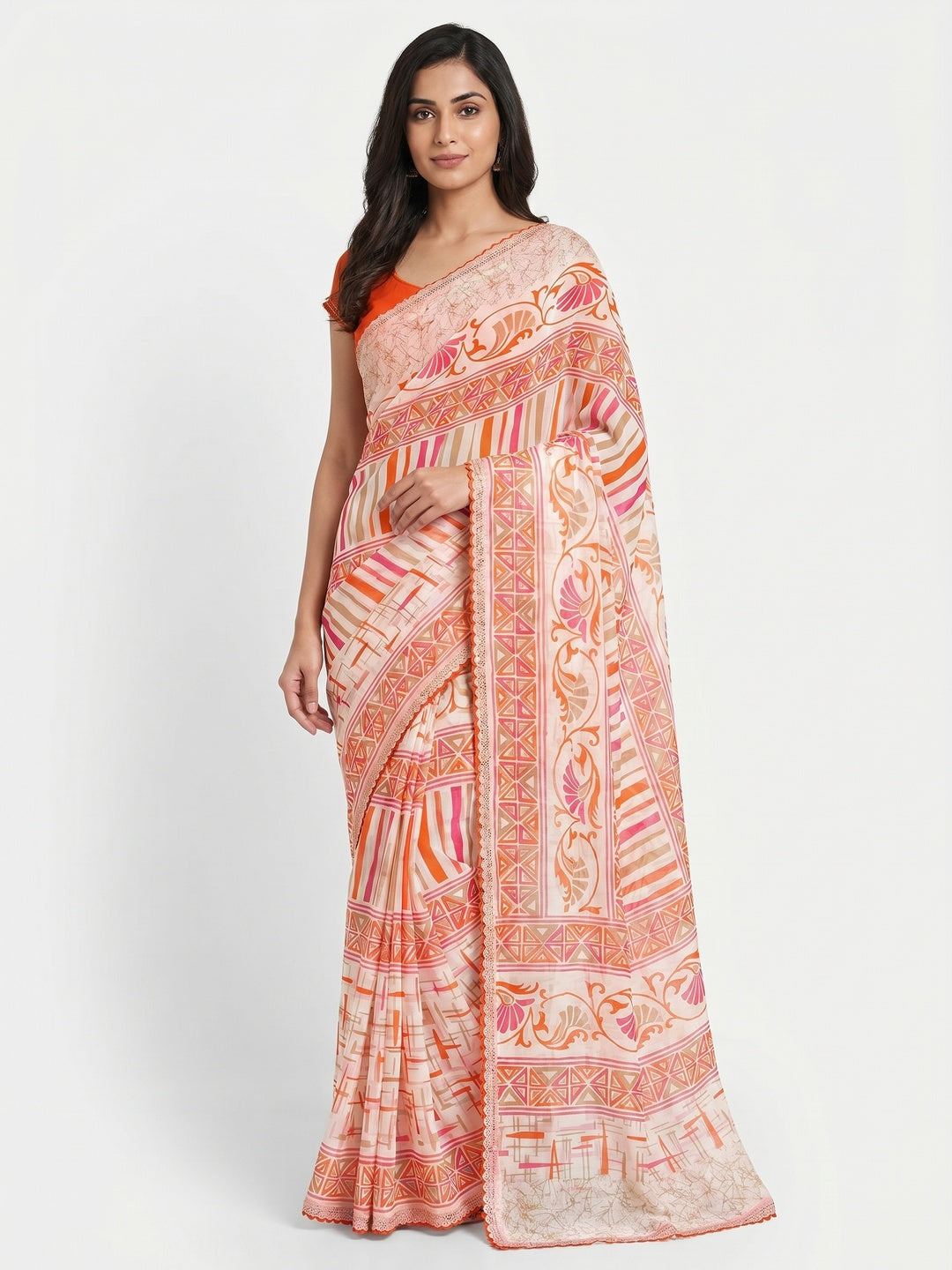 White & Orange Geometric Printed Georgette Saree - Image 1