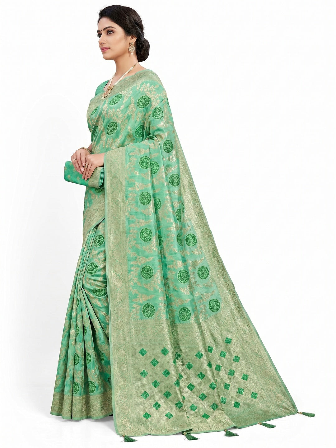 Rama Green Floral Woven Jacquard Saree With Tassels - Image 2