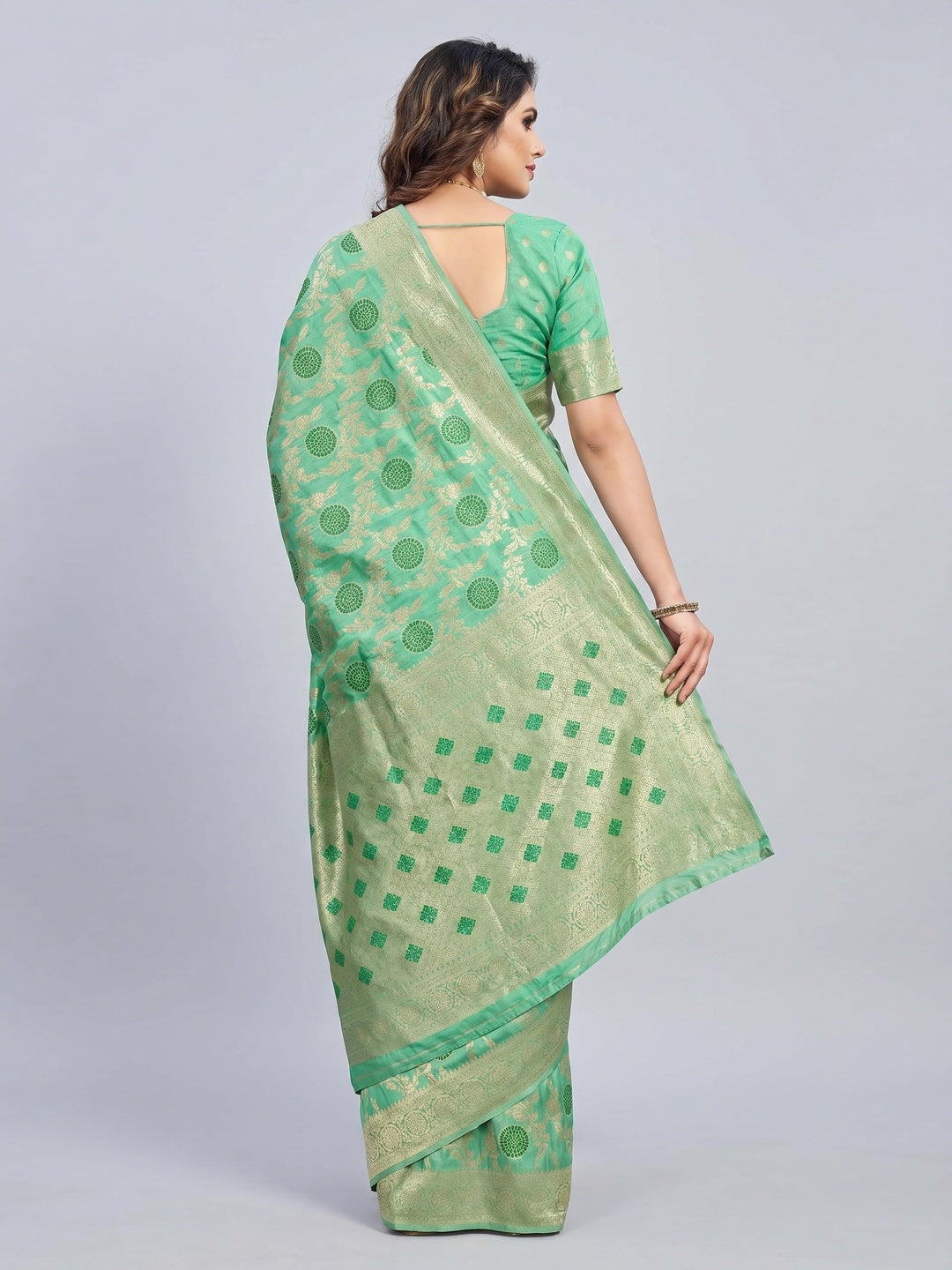Rama Green Floral Woven Jacquard Saree With Tassels - Image 3
