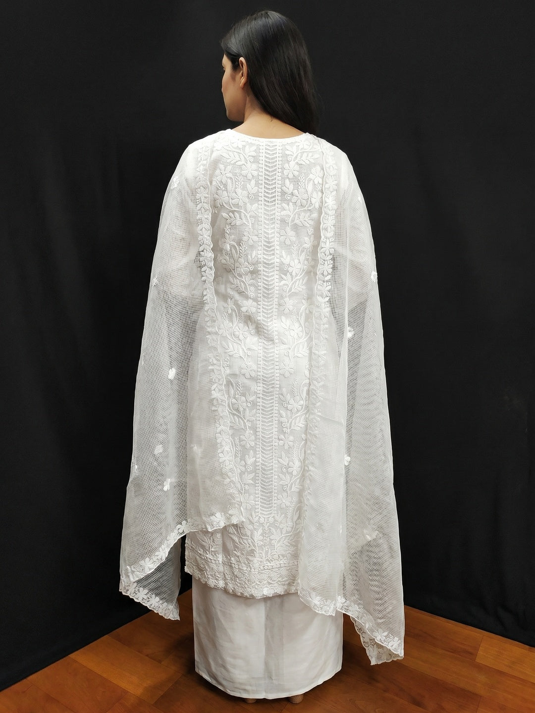 White Floral Embroidered Kota Doria Dress Material - Image 2