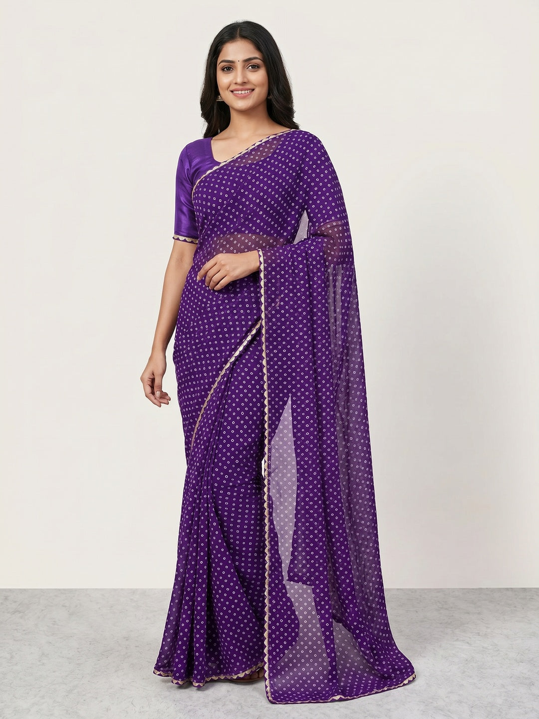 Purple Bandhani Printed Georgette Saree - Image 1