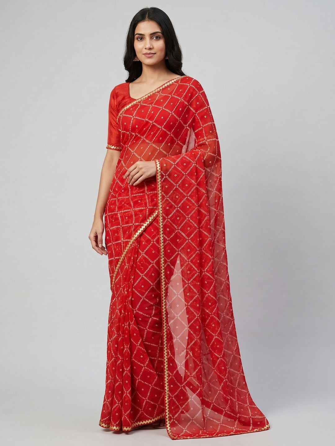Red Bandhani Printed Georgette Saree - Image 1