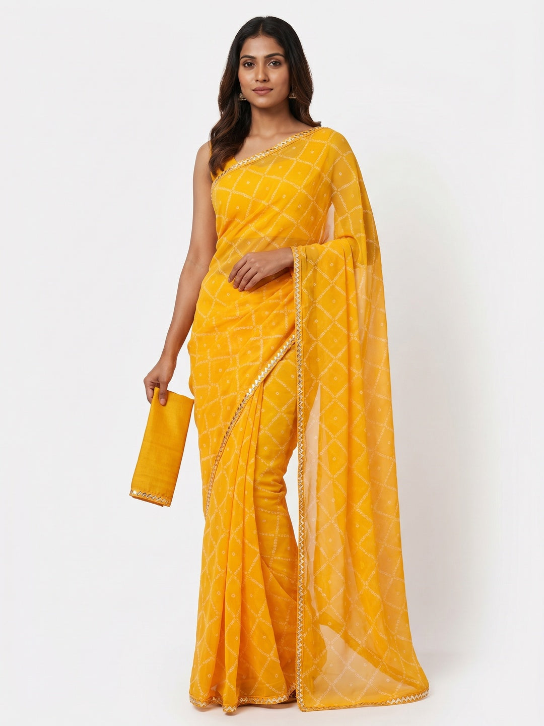Yellow Bandhani Printed Georgette Saree - Image 1