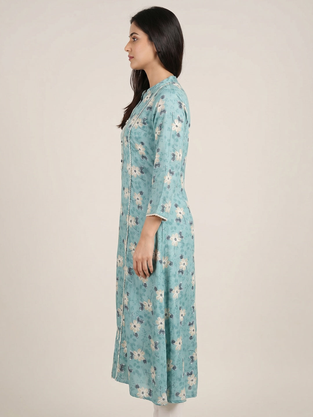 Turquoise Floral Foil Printed Rayon Kurti - Image 1