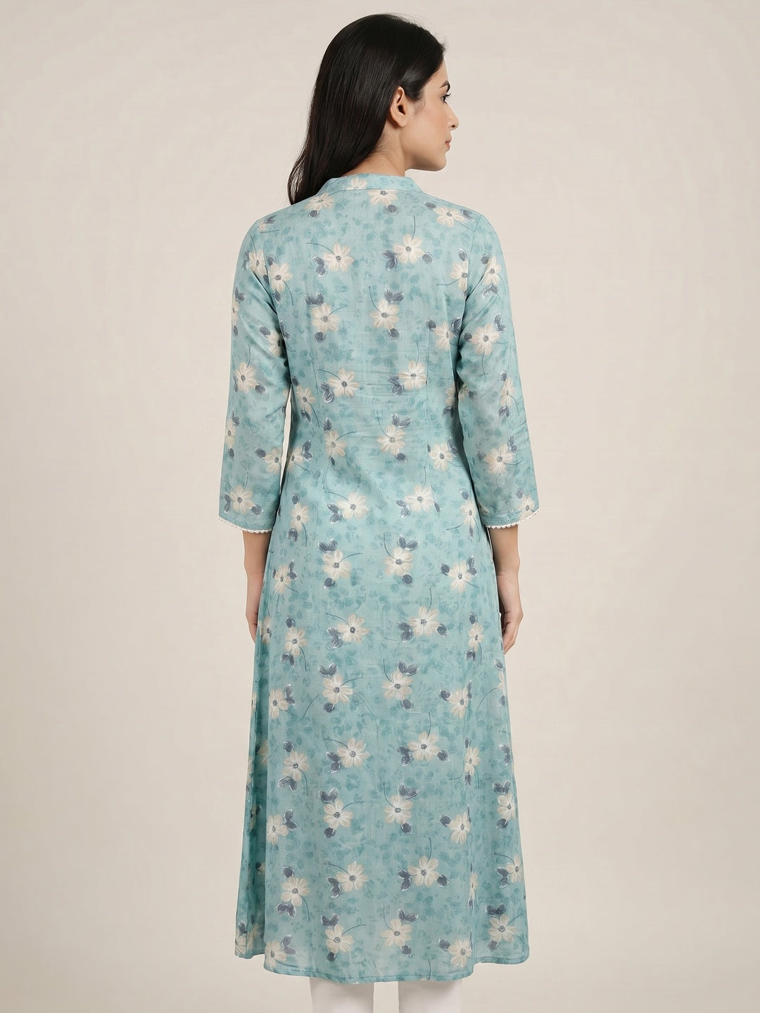 Turquoise Floral Foil Printed Rayon Kurti - Image 2