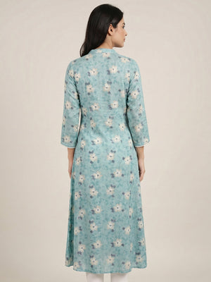 Turquoise Floral Foil Printed Rayon Kurti - Image 2