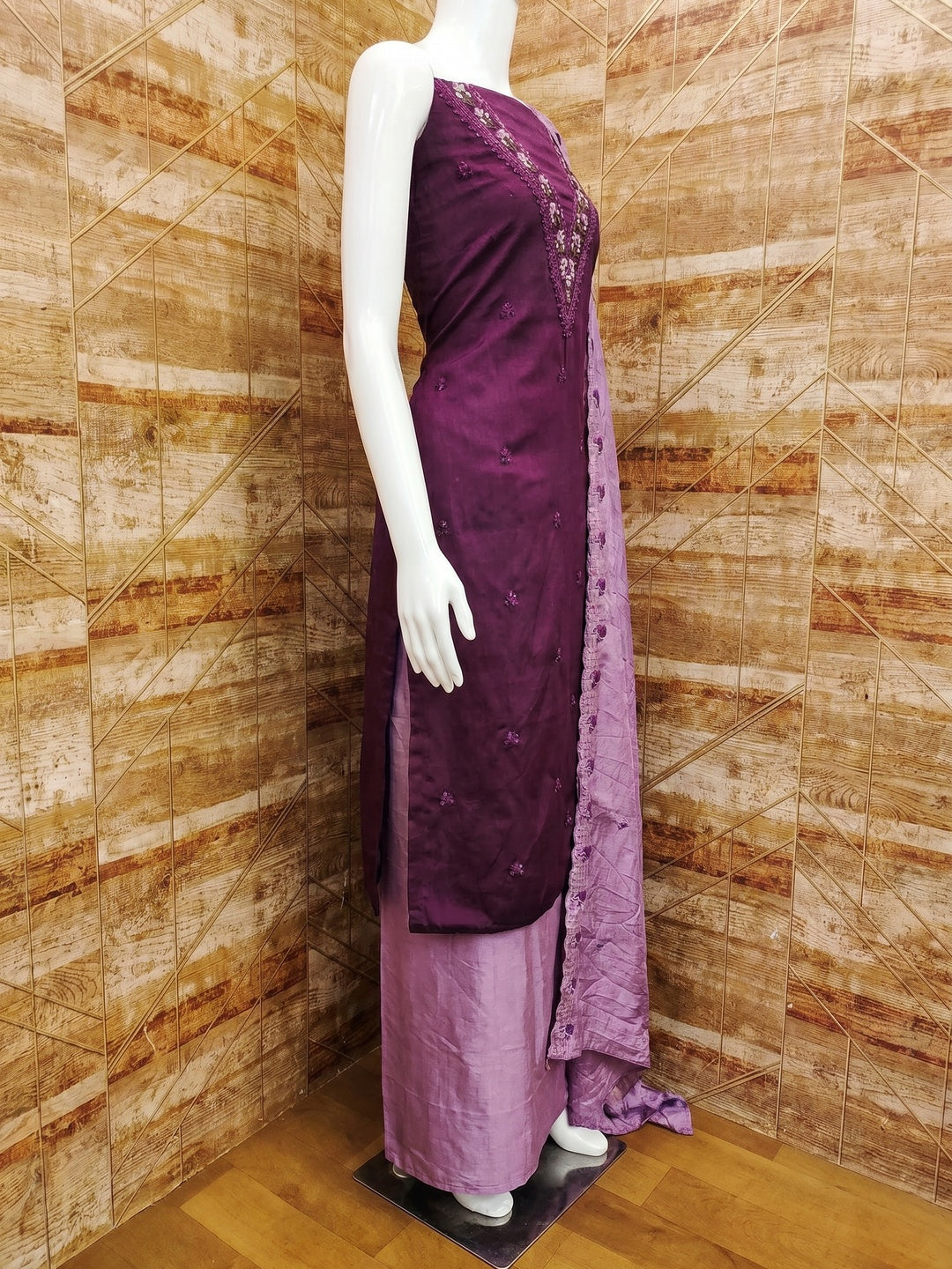 Purple Floral Embroidered Vichitra Silk Dress Material - Image 3