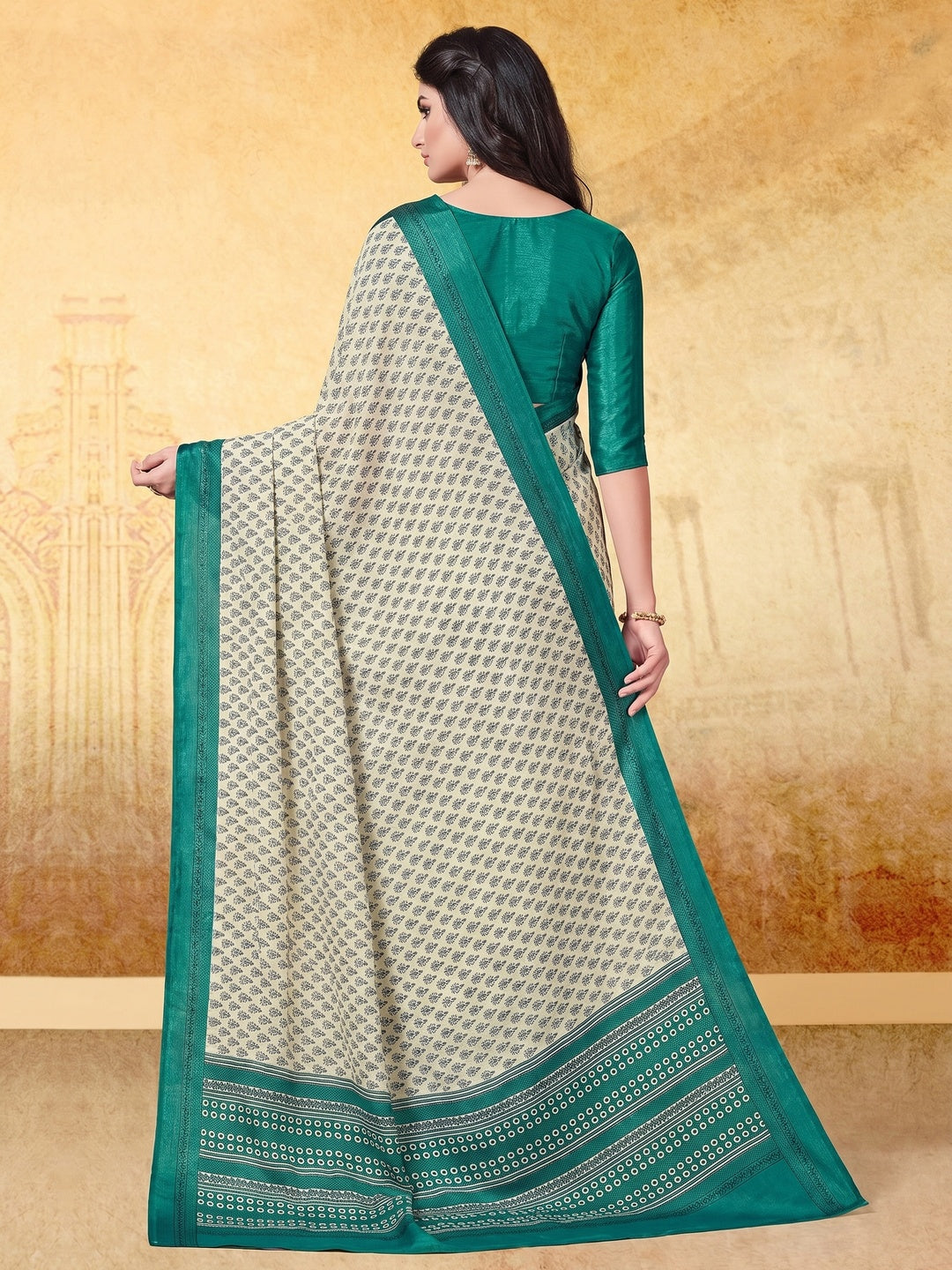 Off White Floral Printed Crepe Silk Saree - Image 1