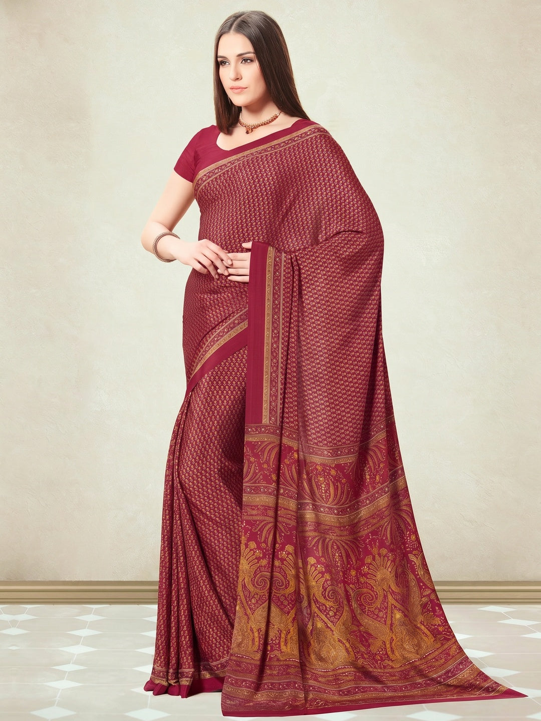 Maroon Floral Printed Crepe Silk Saree - Image 1