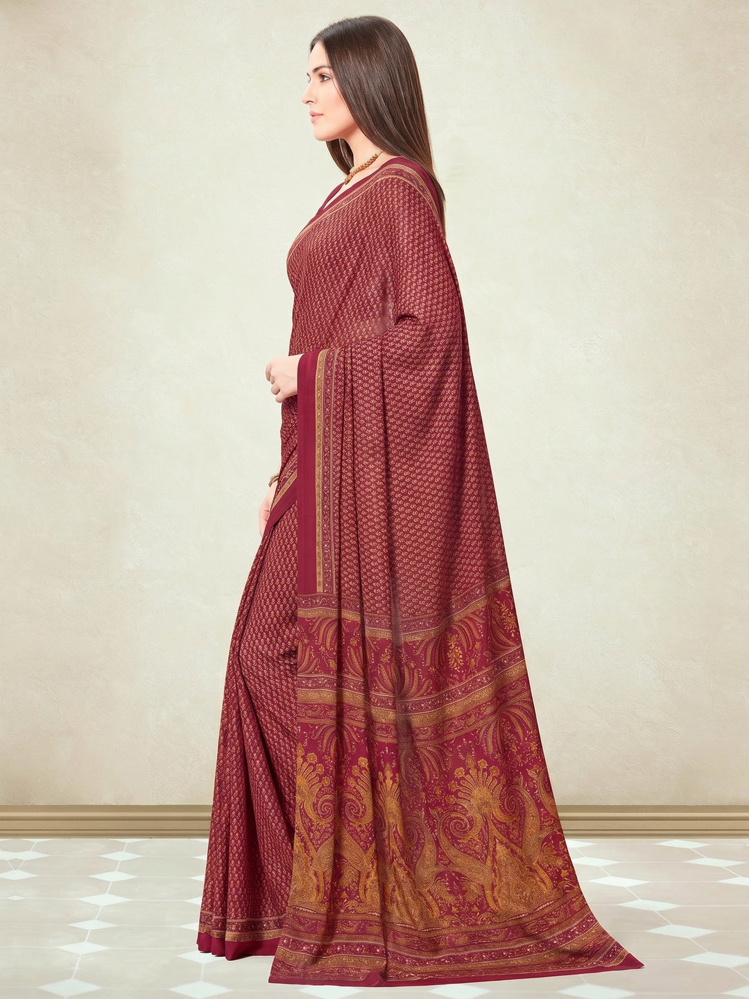 Maroon Floral Printed Crepe Silk Saree - Image 2