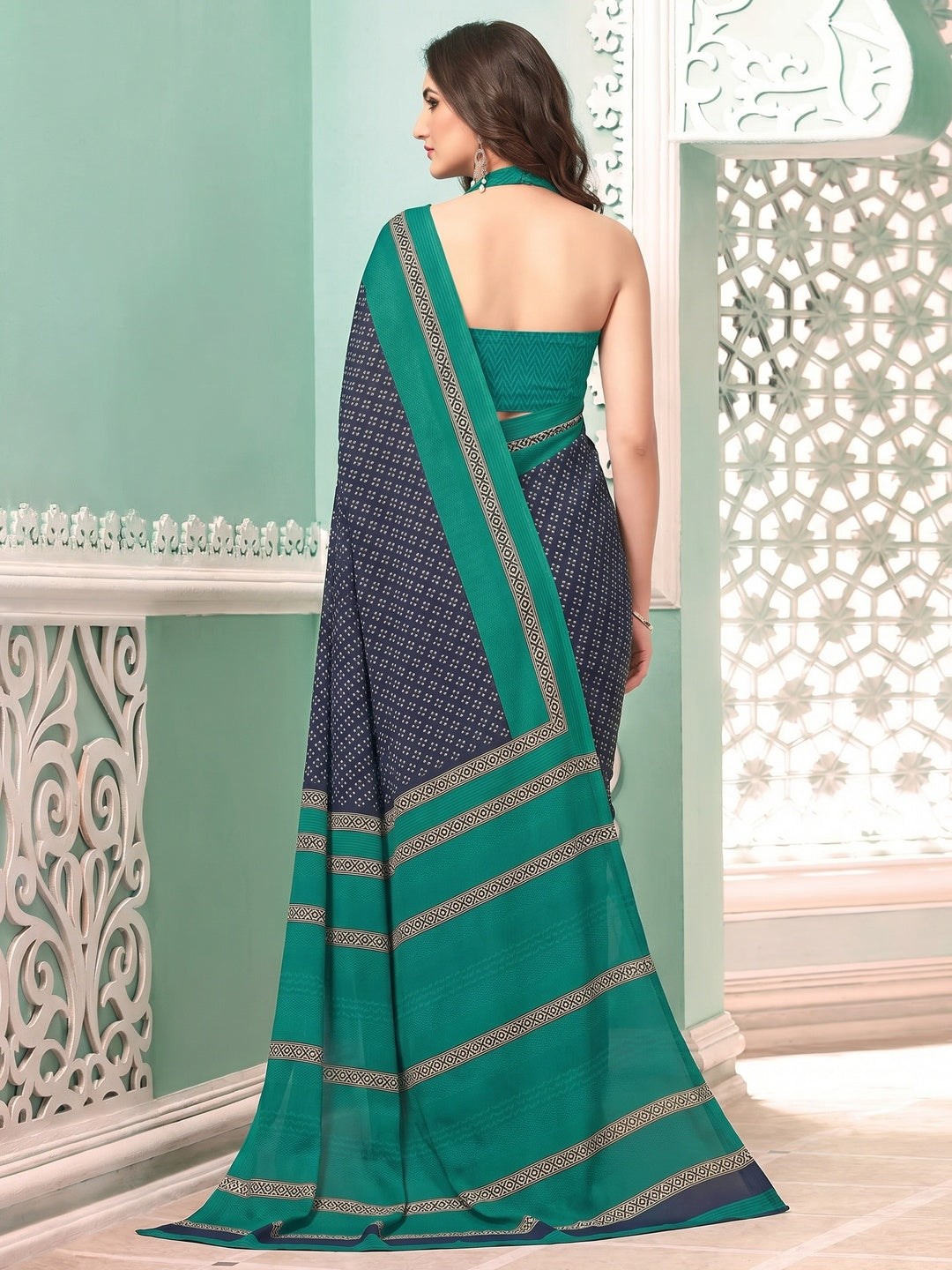 Navy blue Printed Crepe Silk Saree - Image 1
