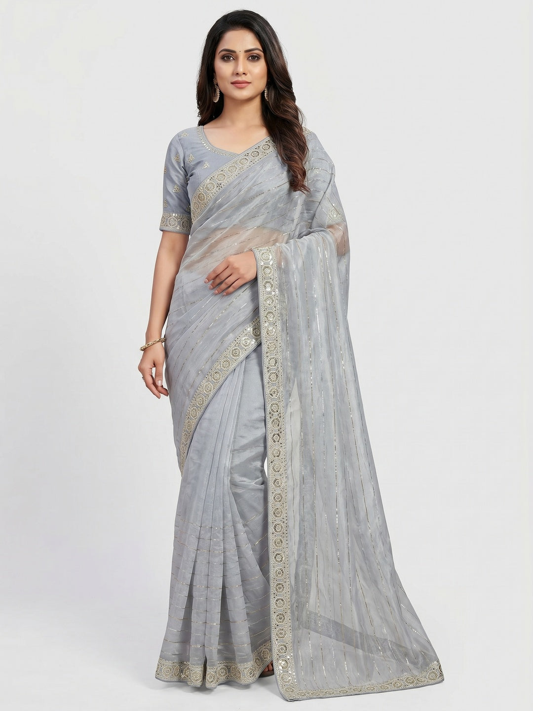 Grey Sequins Embroidered Organza Saree - Image 1