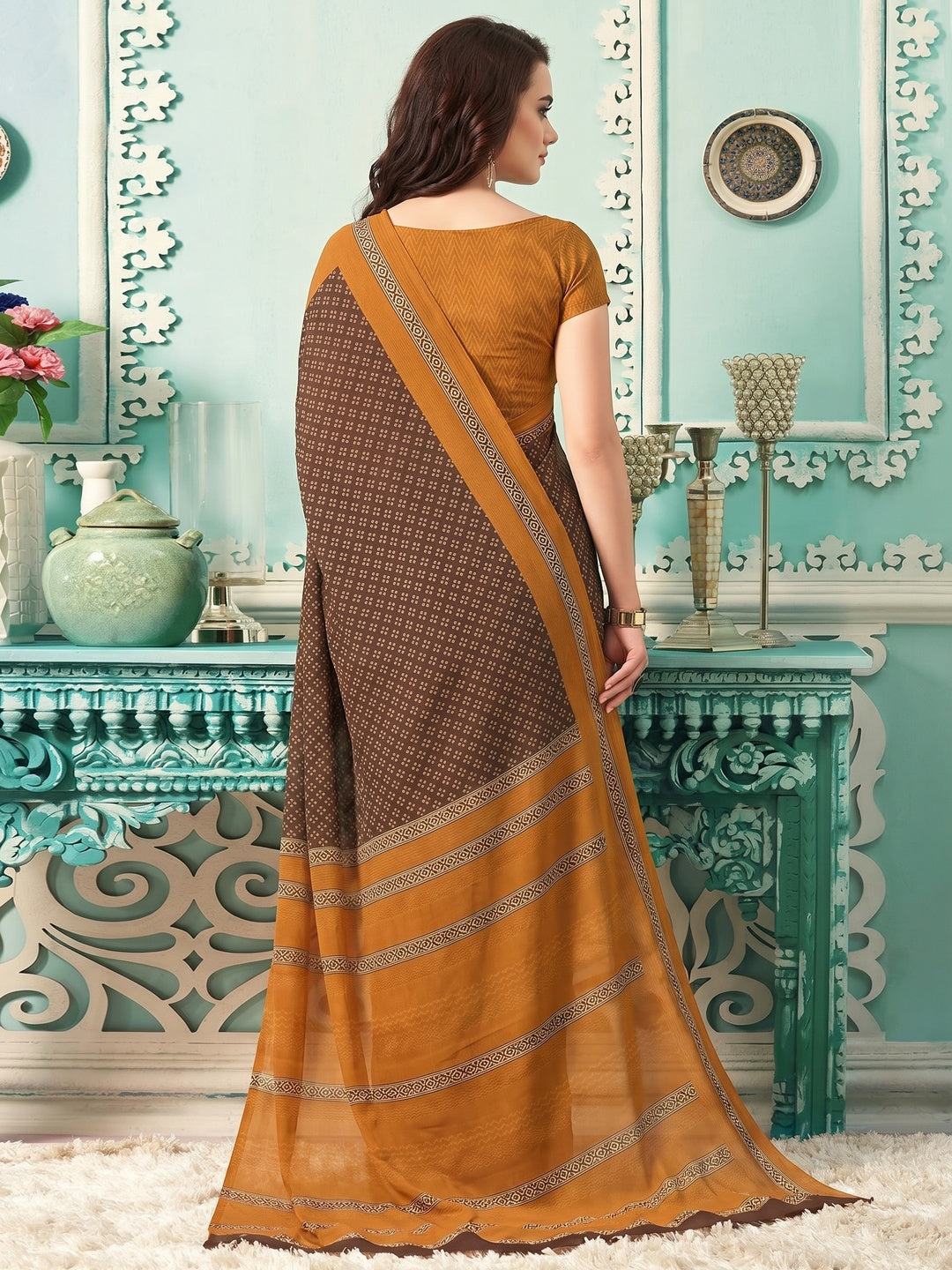 Brown Printed Crepe Silk Saree - Image 1