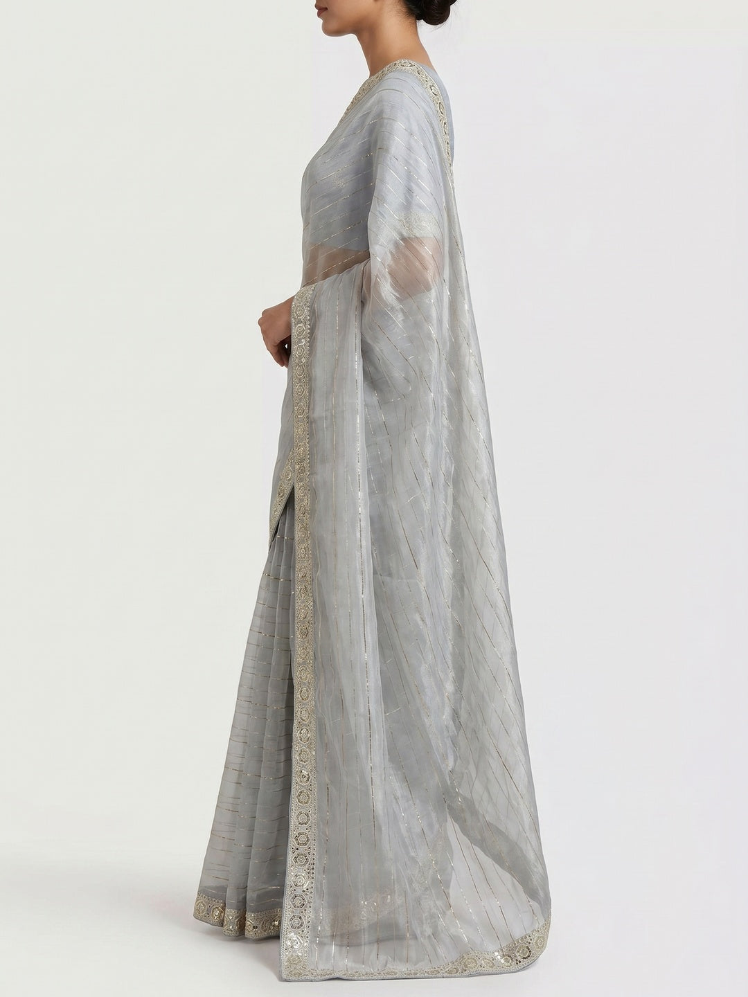 Grey Sequins Embroidered Organza Saree - Image 3