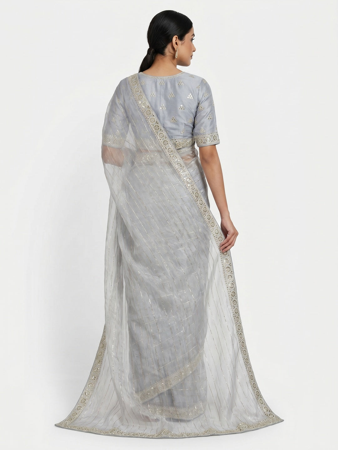 Grey Sequins Embroidered Organza Saree - Image 2