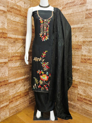 Black Floral Woven Dola Silk Dress Material - Image 1