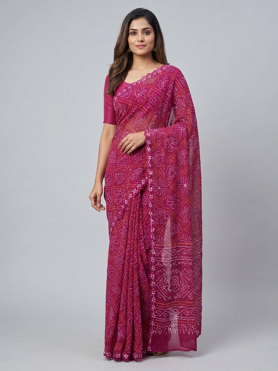 Pink Bandhani Printed Georgette Saree - Image 1