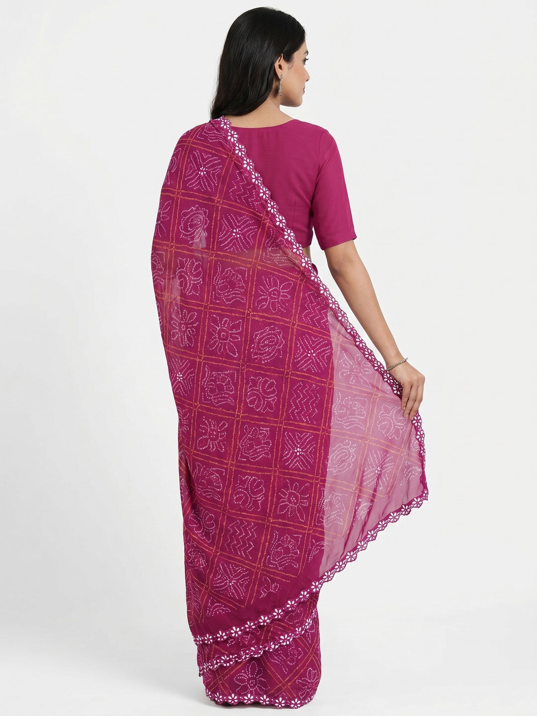Pink Bandhani Printed Georgette Saree - Image 3