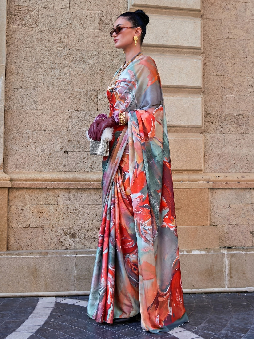 Multicolor Digital Printed Satin Saree - Image 1