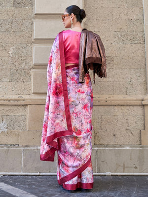 Pink Digital Printed Satin Saree - Image 1