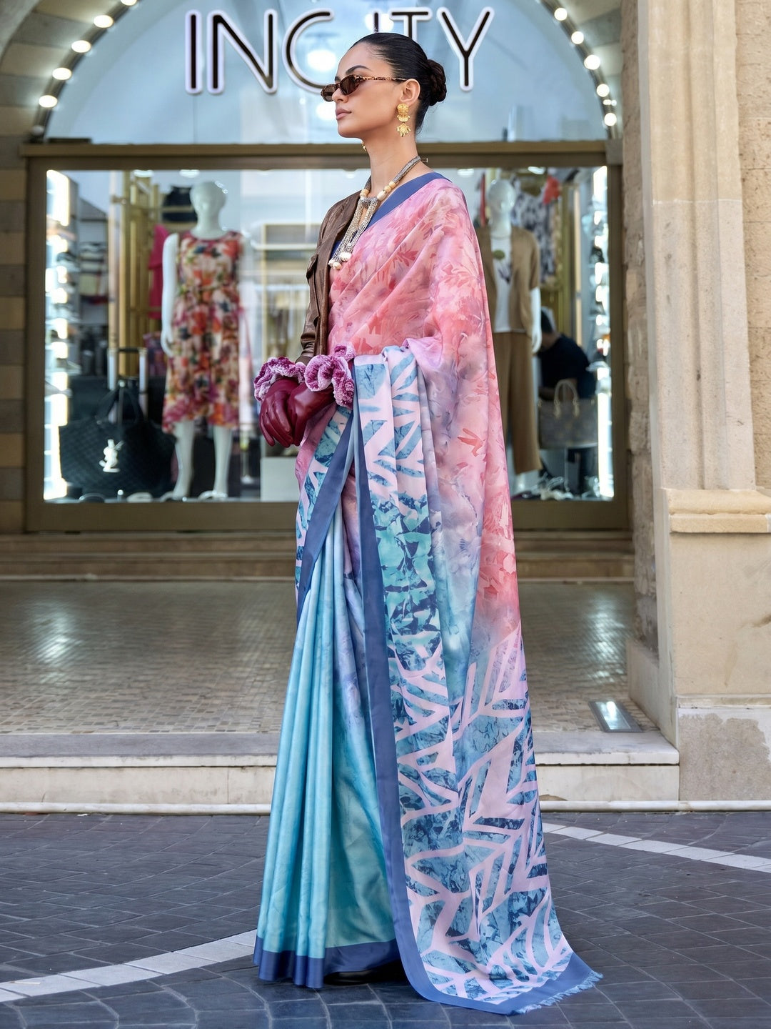 Multicolor Digital Printed Satin Saree - Image 1