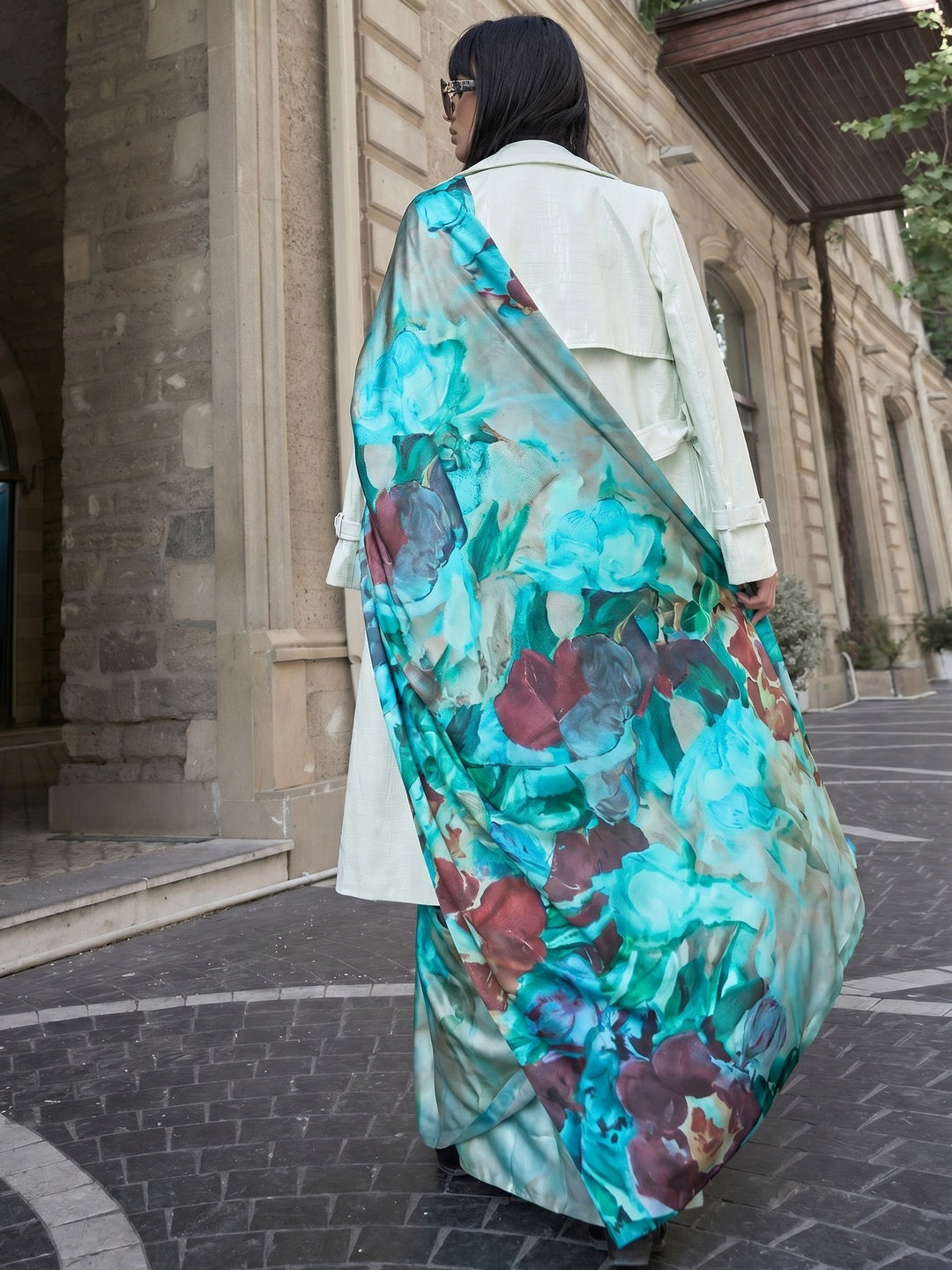 Turquoise Digital Printed Satin Saree - Image 1