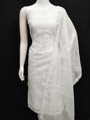 White Floral Embroidered Kota Doria Dress Material - Image 1