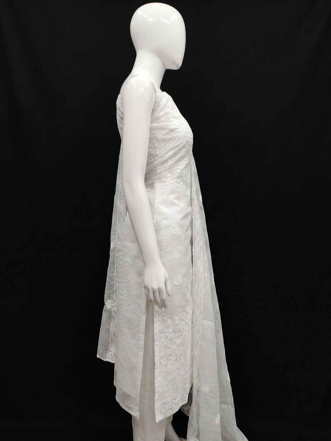 White Floral Embroidered Kota Doria Dress Material - Image 3