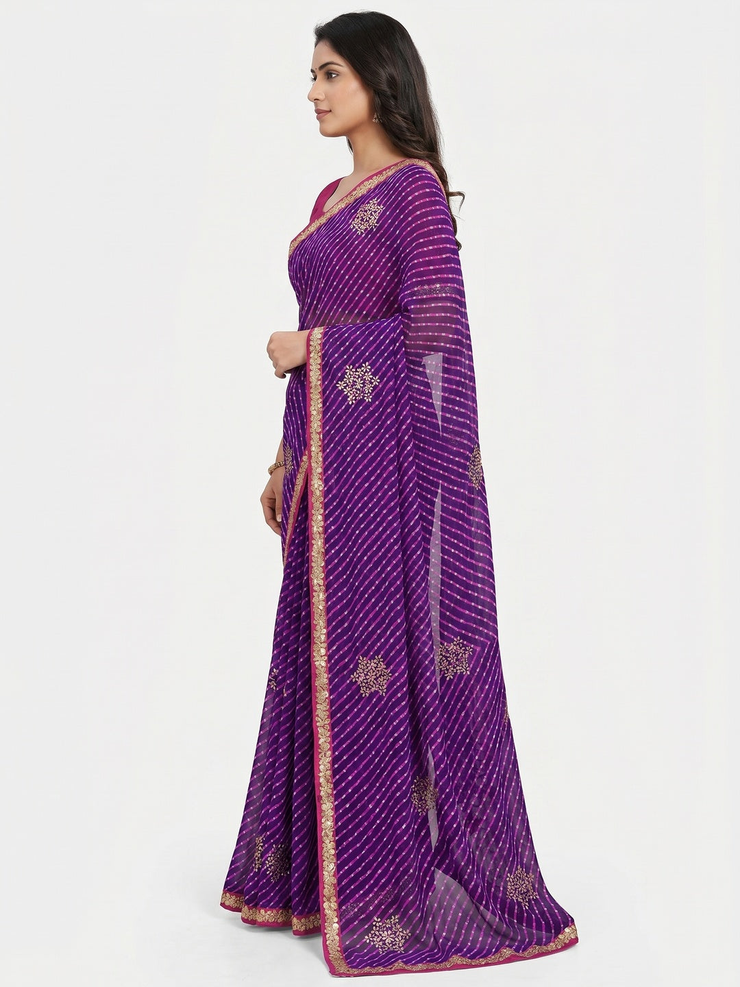 Purple Printed Georgette Saree With lace Border - Image 2