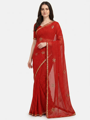Red Printed Georgette Saree With lace Border - Image 1