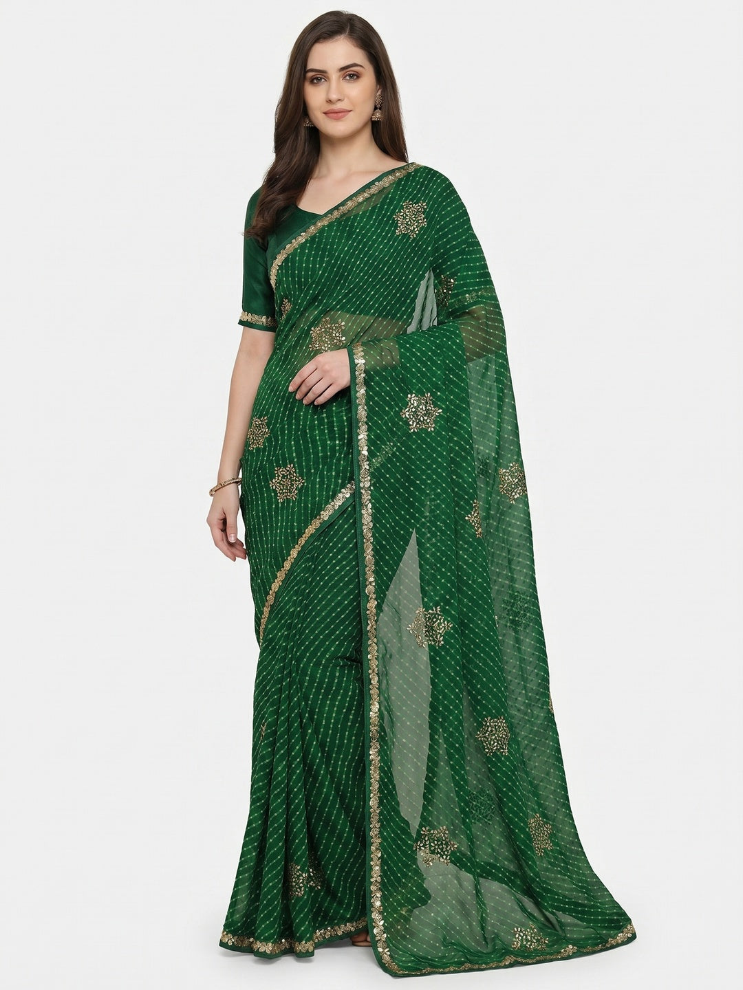 Dark Green Printed Georgette Saree With lace Border - Image 1