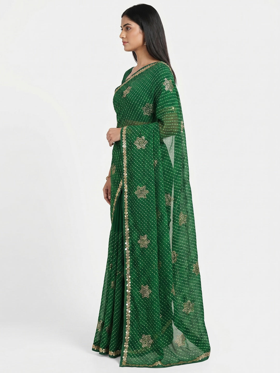 Dark Green Printed Georgette Saree With lace Border - Image 2