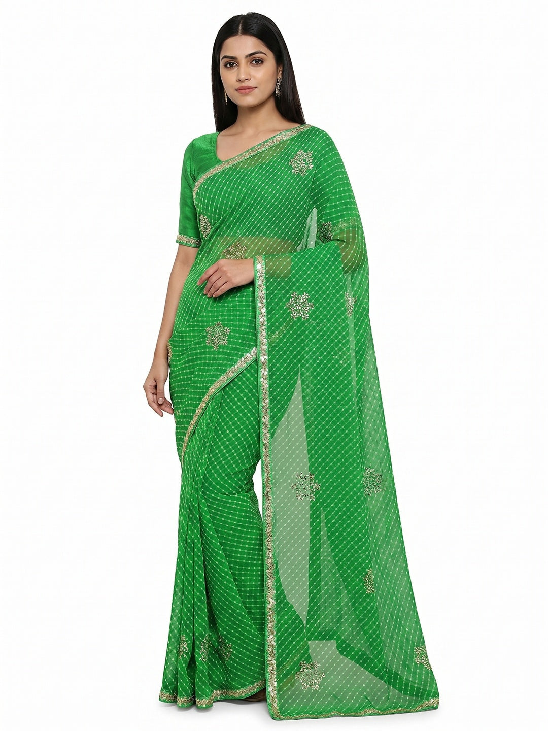 Green Printed Georgette Saree With lace Border - Image 1