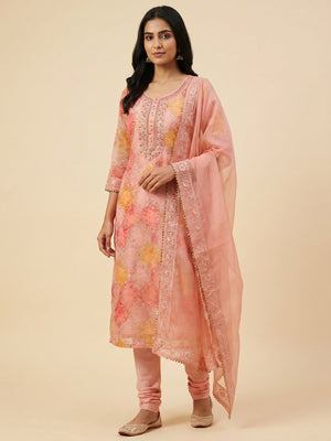 Peach Sequins Embroidered Organza Dress Material - Image 1
