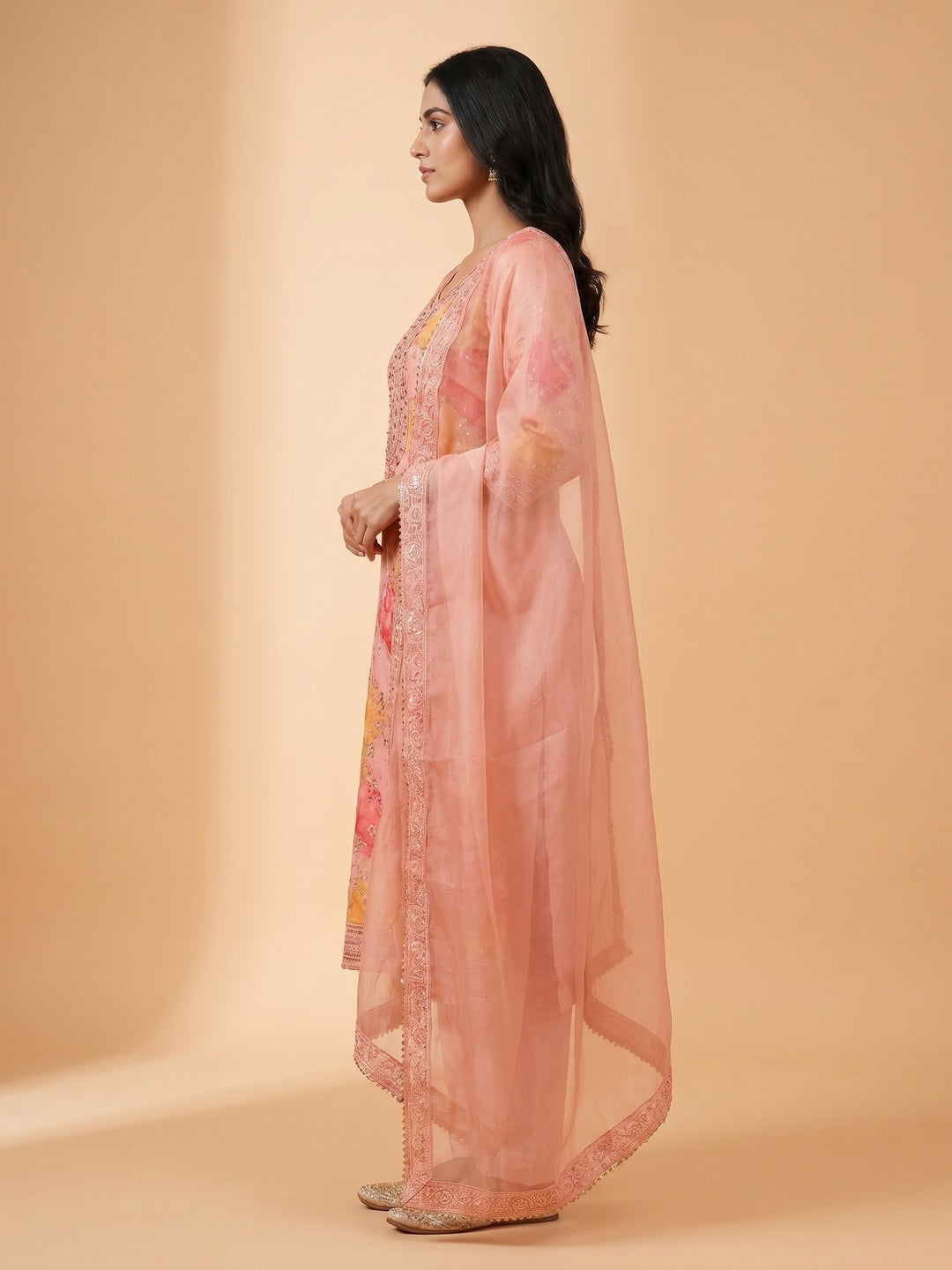 Peach Sequins Embroidered Organza Dress Material - Image 3