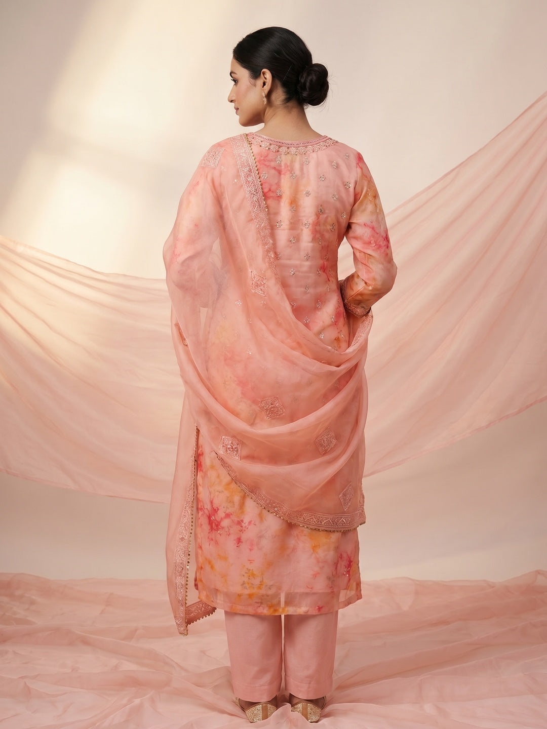 Peach Sequins Embroidered Organza Dress Material - Image 2