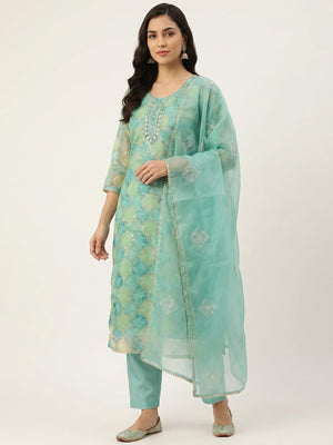 Turquoise Sequins Embroidered Organza Dress Material - Image 1