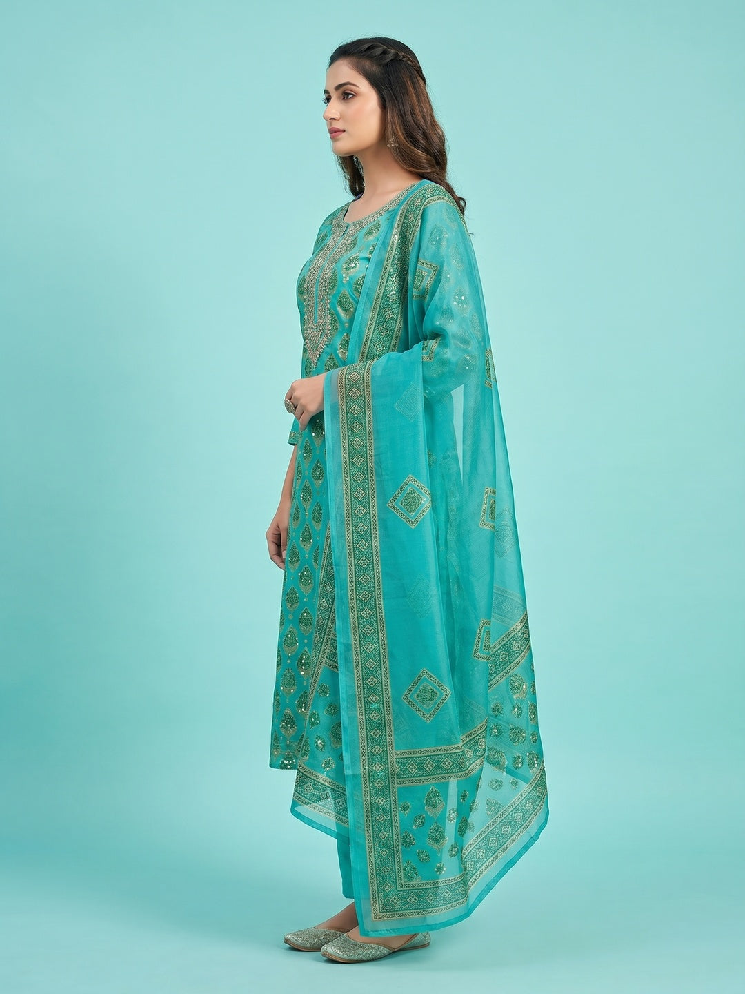 Turquoise Sequins Embroidered Organza Dress Material - Image 3