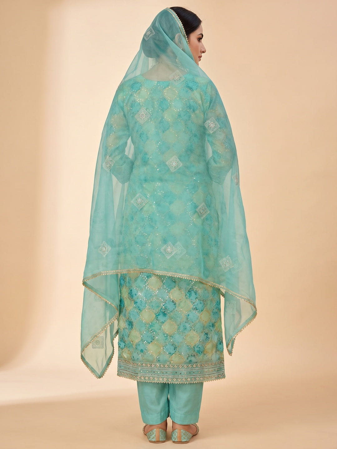 Turquoise Sequins Embroidered Organza Dress Material - Image 2