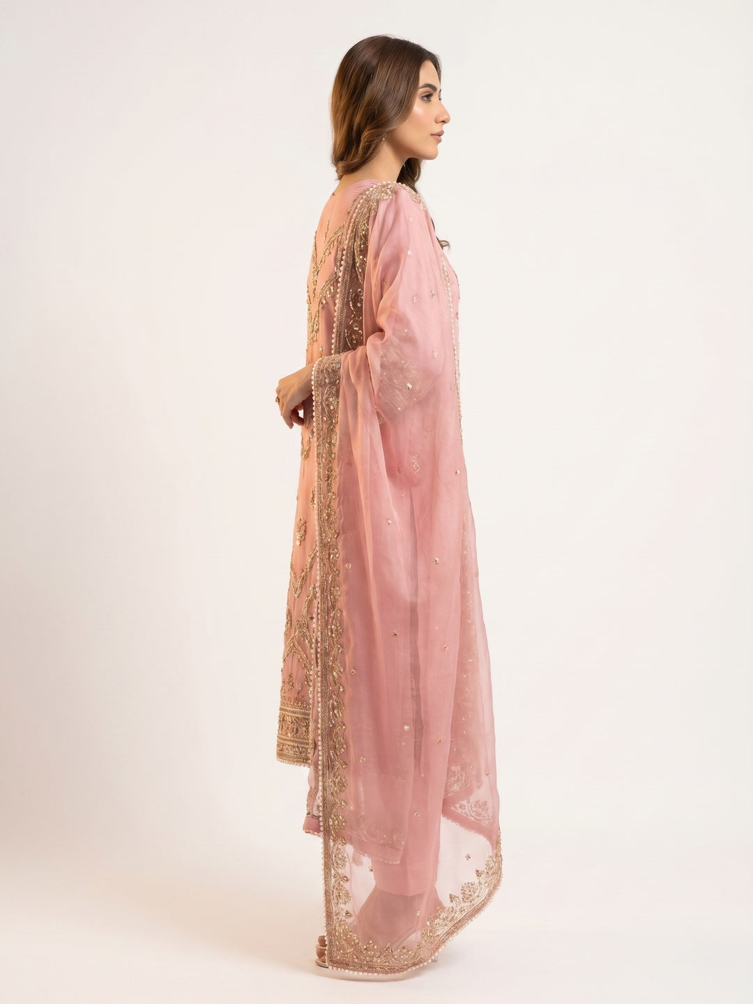Pink Sequins Embroidered Organza Dress Material - Image 2