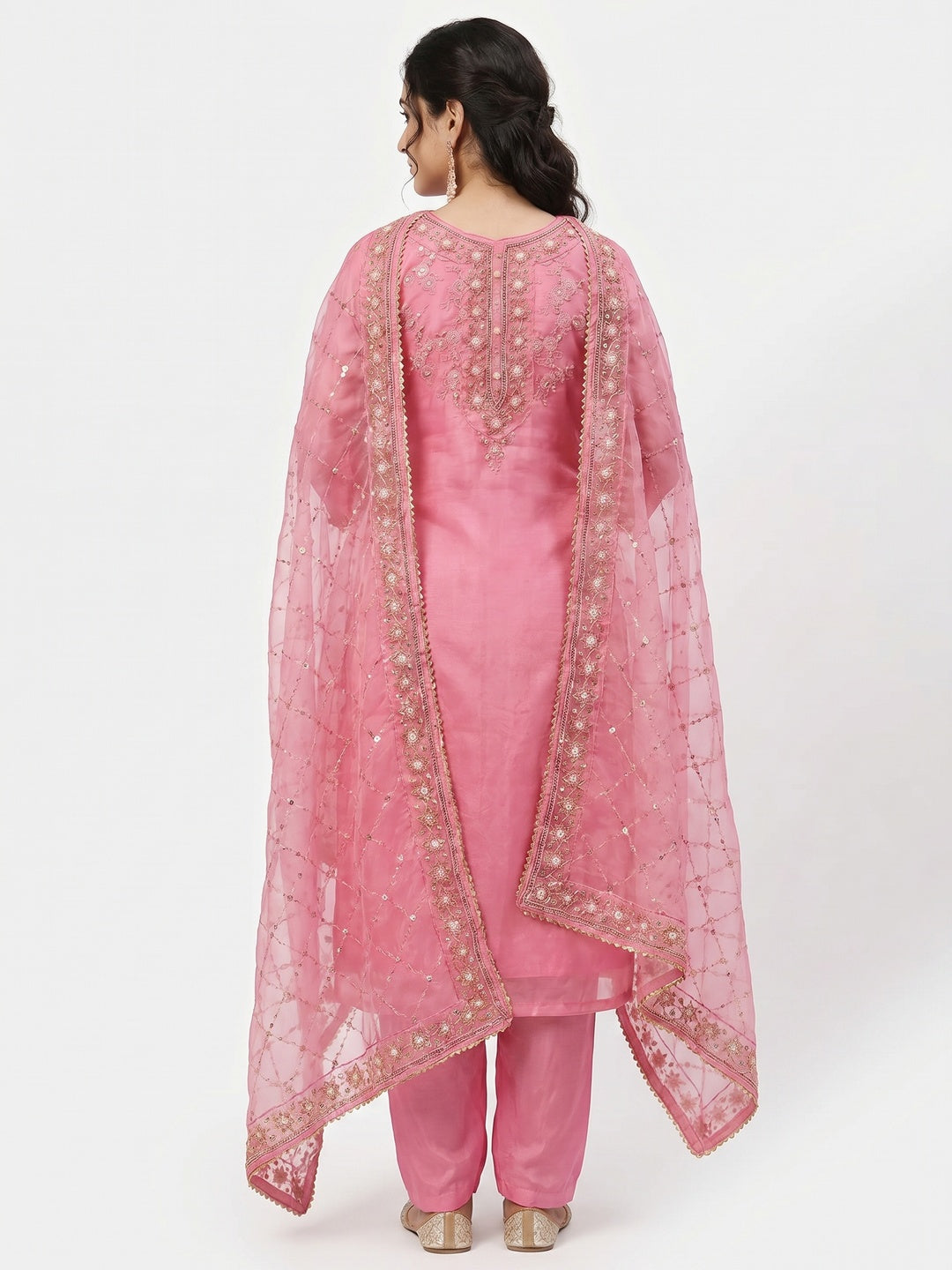 Pink Sequins Embroidered Organza Dress Material - Image 3